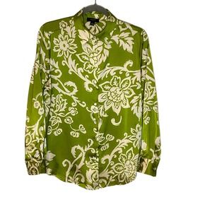 HAVER London women's blouse small satin top green cream floral Boho relaxed fit